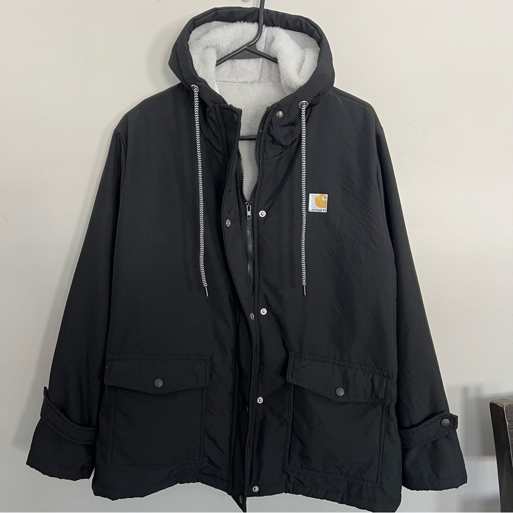 Carhatt black ladies jacket hooded 2 pockets zipper buttons cozy  inside XL